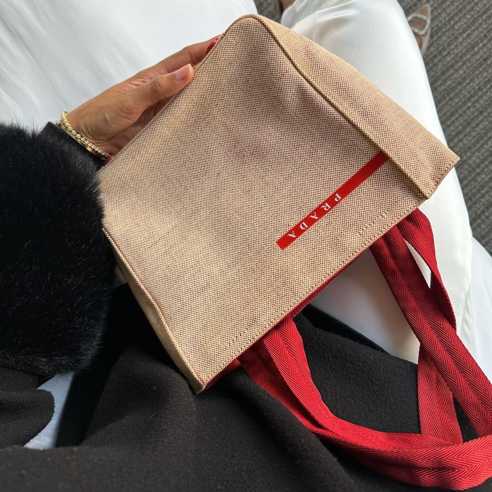 Authentic Prada Red & Beige Canvas Handbag